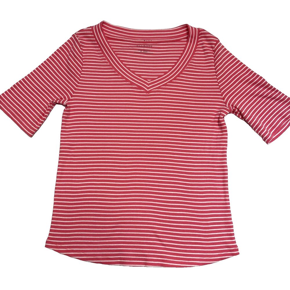 Talbots Womens Ribbed V Neck Tee Striped Camelia Pink White Elbow Sleeve Large